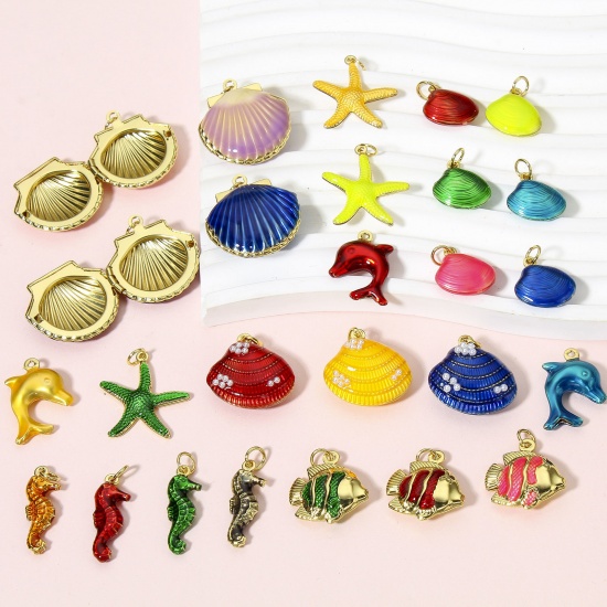 Picture of Brass Ocean Jewelry Charms 18K Real Gold Plated Multicolor Enamel 3D