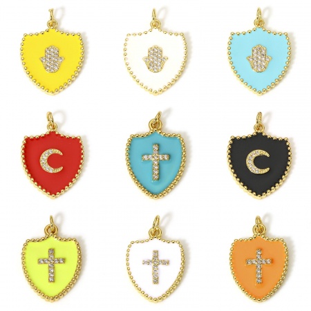 Brass Charms 18K Real Gold Plated Multicolor Shield Enamel Clear Cubic Zirconia 26mm x 18mm