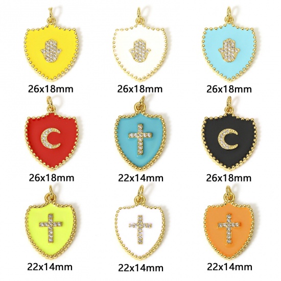 Immagine di 1 Pz Ottone Charms Scudo 18K Vero Oro Placcato Multicolore Smalto Trasparente Cubic Zirconiae 26mm x 18mm