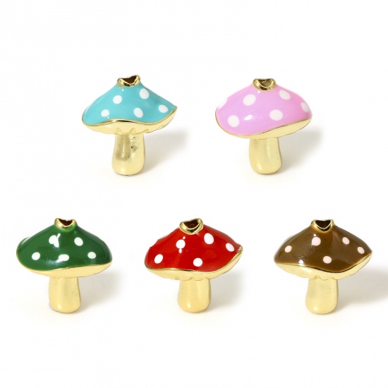 Picture of Brass Flora Collection Beads For DIY Charm Jewelry Making 18K Real Gold Plated Multicolor Mushroom Dot Enamel About 13mm x 12mm, Hole: Approx 1.4mm