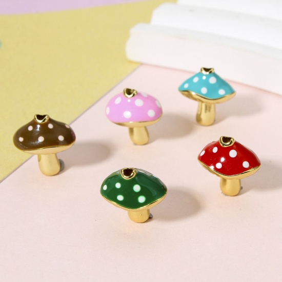 Picture of Brass Flora Collection Beads For DIY Charm Jewelry Making 18K Real Gold Plated Multicolor Mushroom Dot Enamel About 13mm x 12mm, Hole: Approx 1.4mm