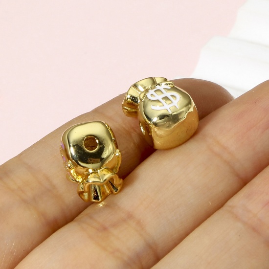 Picture of Brass Beads For DIY Charm Jewelry Making 18K Real Gold Plated Multicolor Moneybag US Dollar Enamel About 11mm x 9mm, Hole: Approx 2mm