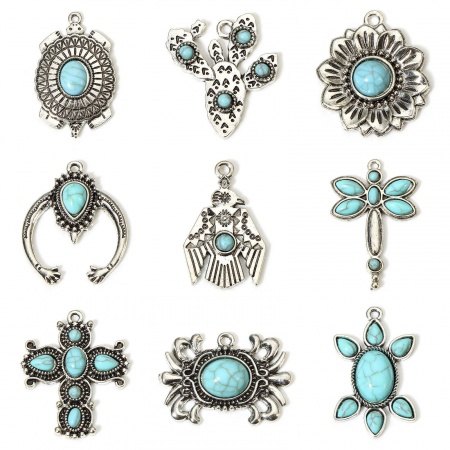 Zinc Based Alloy Boho Chic Bohemia Pendants Antique Silver Color With Resin Cabochons Imitation Turquoise