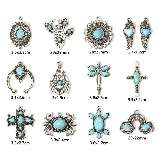Picture of 5 PCs Zinc Based Alloy Boho Chic Bohemia Pendants Antique Silver Color With Resin Cabochons Imitation Turquoise