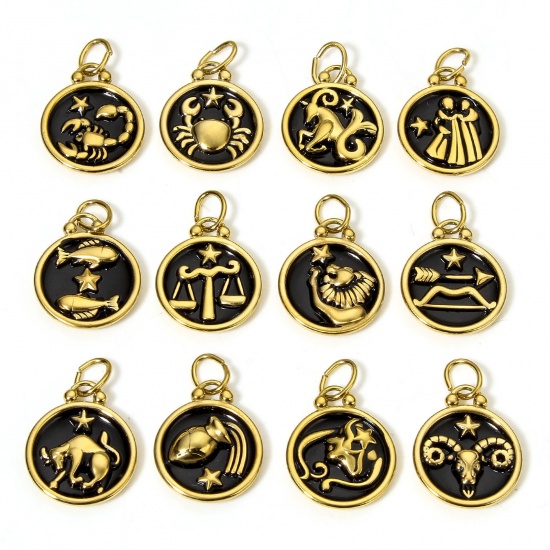 Picture of 304 Stainless Steel Charms 18K Gold Color Black Round Constellation Enamel 26mm x 17mm