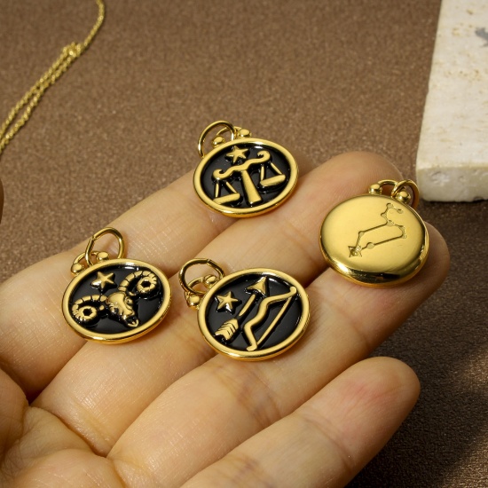 Picture of 304 Stainless Steel Charms 18K Gold Color Black Round Constellation Enamel 26mm x 17mm