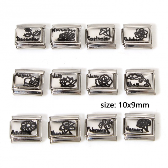 Picture of 304 Stainless Steel Birth Month Flower Italian Charm Links For DIY Bracelet Jewelry Making Silver Tone Rectangle 10mm x 9mm