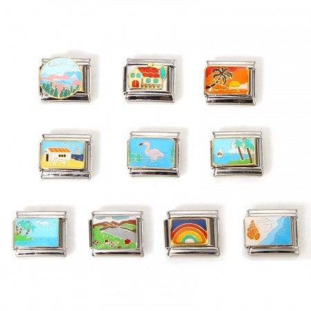 304 Stainless Steel Italian Charm Links For DIY Bracelet Jewelry Making Silver Tone Rectangle 10mm x 9mm