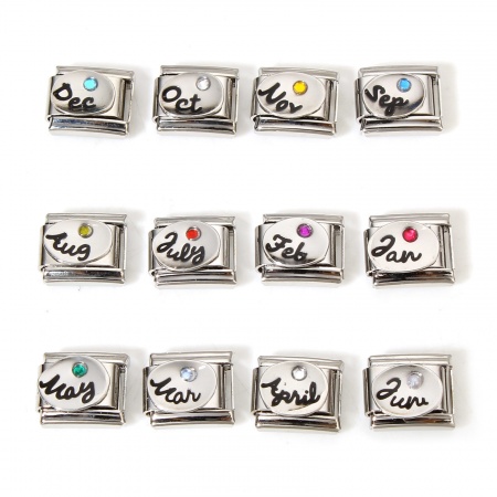 304 Stainless Steel Birthstone Italian Charm Links For DIY Bracelet Jewelry Making Silver Tone Rectangle Rhinestone 10mm x 9mm