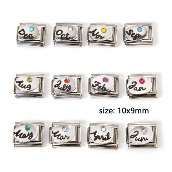 Picture of 304 Stainless Steel Birthstone Italian Charm Links For DIY Bracelet Jewelry Making Silver Tone Rectangle Rhinestone 10mm x 9mm