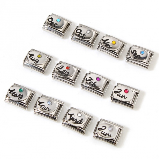 Picture of 304 Stainless Steel Birthstone Italian Charm Links For DIY Bracelet Jewelry Making Silver Tone Rectangle Rhinestone 10mm x 9mm