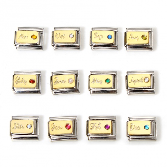 Picture of 304 Stainless Steel Birthstone Italian Charm Links For DIY Bracelet Jewelry Making Gold Plated & Silver Tone Rectangle Rhinestone 10mm x 9mm