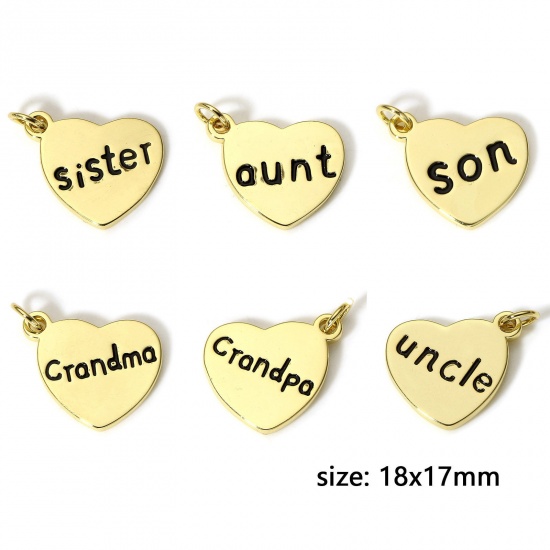 Picture of Brass Family Jewelry Charms 18K Real Gold Plated Black Heart Enamel 18mm x 17mm