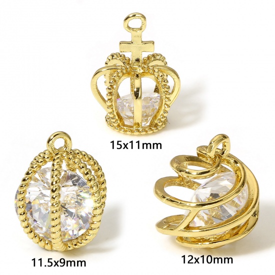 Picture of Brass Charms 18K Real Gold Plated Cage 3D Clear Cubic Zirconia