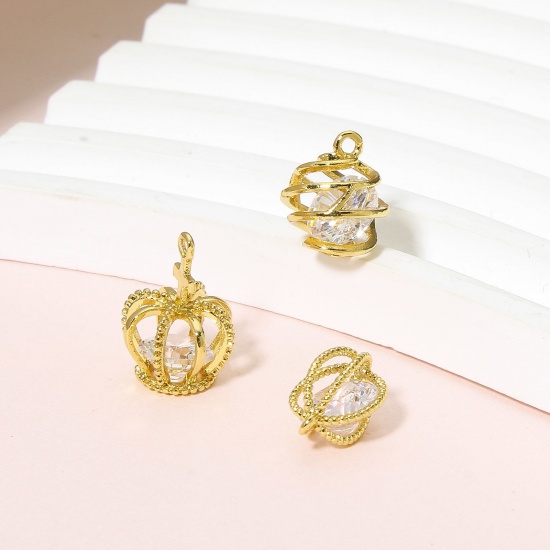 Picture of Brass Charms 18K Real Gold Plated Cage 3D Clear Cubic Zirconia