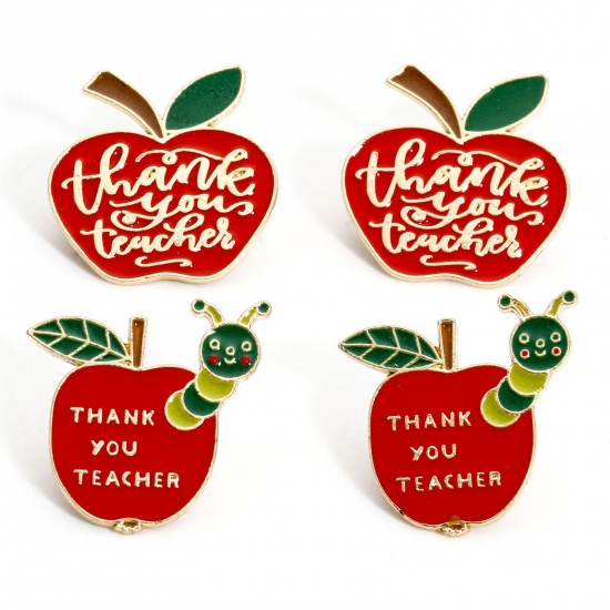 Picture of Zinc Based Alloy College Jewelry Pin Brooches Apple Fruit Gold Plated Red Enamel