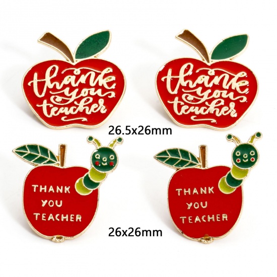 Picture of Zinc Based Alloy College Jewelry Pin Brooches Apple Fruit Gold Plated Red Enamel
