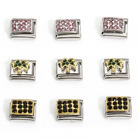 1 Unidad 304 Acero Inoxidable Charm Pulsera de Eslabones Italianos para Hacer Joyas DIY Tono de Plata Rectángulo Con Brillantito 10mm x 9mm