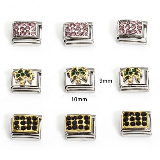 Picture of 304 Stainless Steel Italian Charm Links For DIY Bracelet Jewelry Making Silver Tone Rectangle Rhinestone 10mm x 9mm