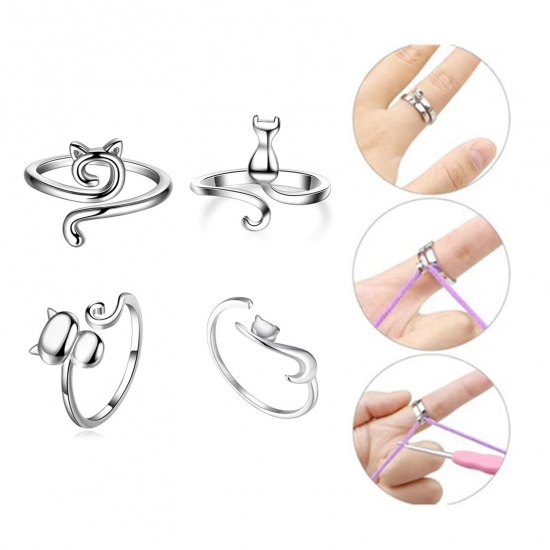 Picture of Zinc Based Alloy Adjustable Knitting Crochet Loop Yarn Guide Finger Ring Cat Animal Silver Tone