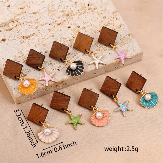 Picture of Wood Ocean Jewelry Asymmetric Earrings Multicolor Shell Star Fish Imitation Pearl