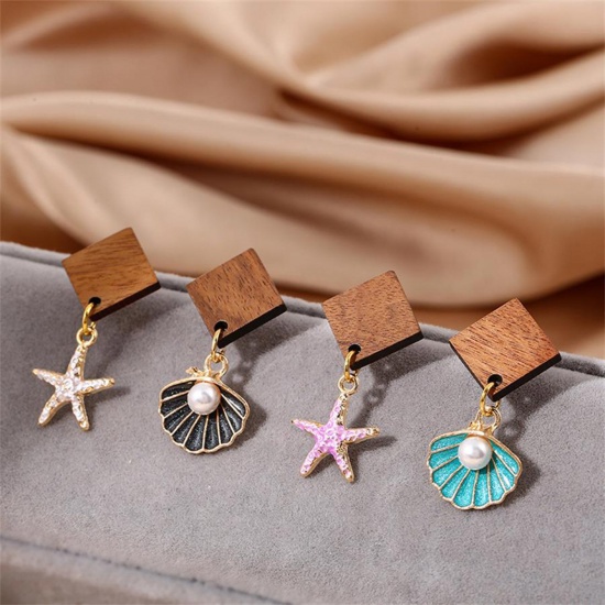 Изображение Wood Ocean Jewelry Asymmetric Earrings Multicolor Shell Star Fish Imitation Pearl