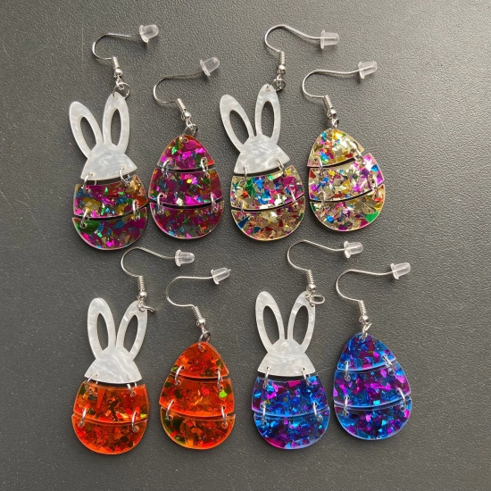 Изображение Acrylic Easter Day Asymmetric Earrings Multicolor Rabbit Animal Easter Egg Glitter