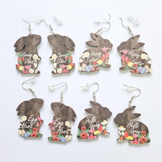 Picture of Wood Easter Day Earrings Multicolor Rabbit Animal Flower Message " Happy Easter "