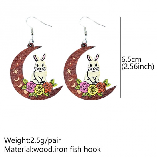 Picture of Wood Easter Day Earrings Silver Tone Half Moon Rabbit