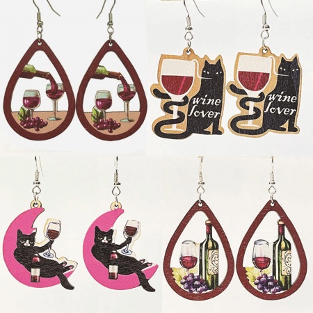 Natural Wood Retro Earrings Silver Tone Wine Bottle Drop Hollow