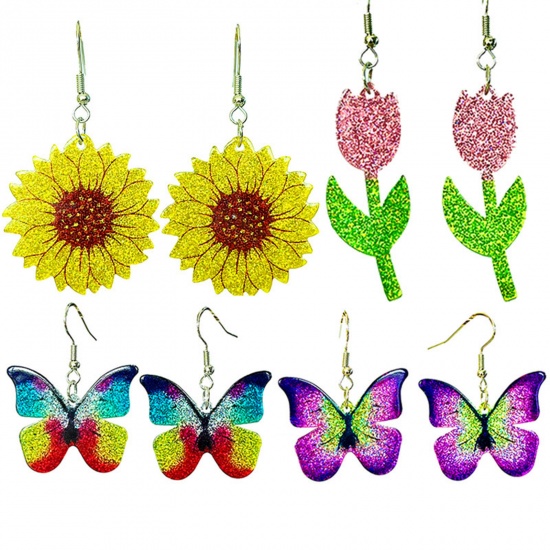 Изображение Acrylic Pastoral Style Earrings Silver Tone Multicolor Butterfly Animal Glitter
