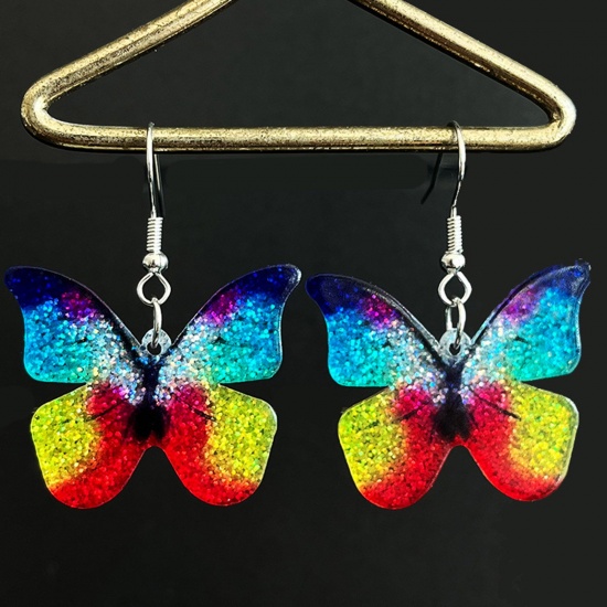 Imagen de 1 Par Acrílico Estilo Pastoral Pendientes Tono de Plata Multicolor Mariposa Brillo