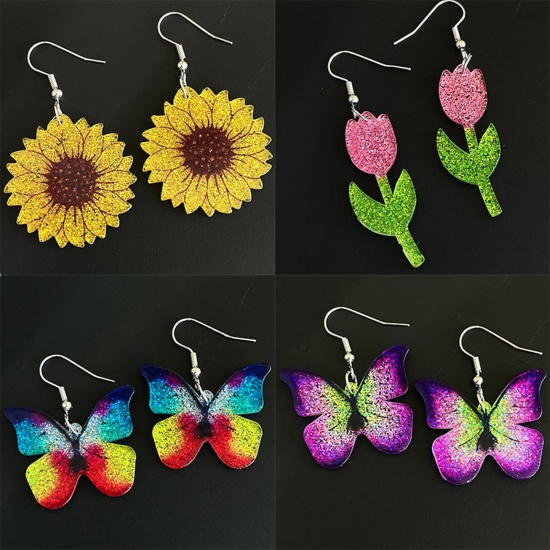Изображение Acrylic Pastoral Style Earrings Silver Tone Multicolor Butterfly Animal Glitter