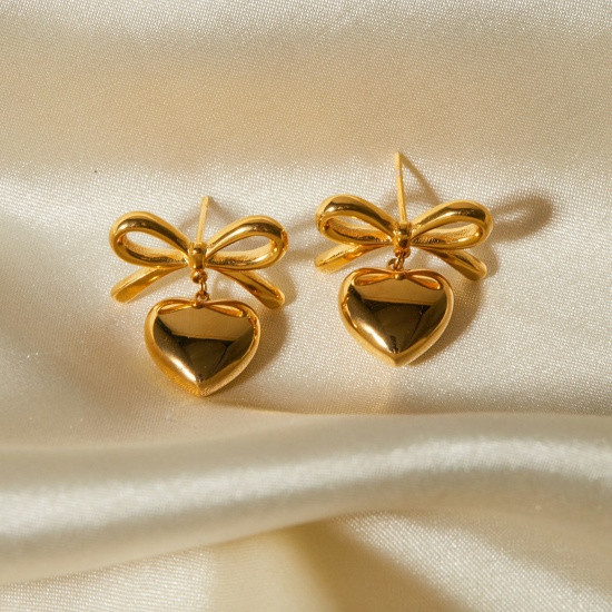 Picture of Hypoallergenic Stylish Ins Style Real Gold Plated 304 Stainless Steel Bowknot Heart Earrings For Women Party