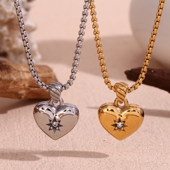 Picture of Eco-friendly Vacuum Plating Retro Valentine's Day Real Gold Plated 316 Stainless Steel Curb Link Chain Heart Star Pendant Necklace For Women Valentine's Day
