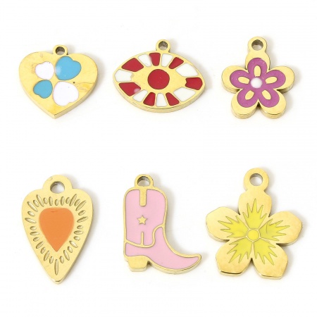 1 Pièce Breloques en 304 Acier Inoxydable Respectueux de la Nature Élégant Fleur Plaqué Or Véritable 18K Multicolore Émail