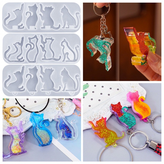 Immagine di 1 Piece Silicone Resin Mold For Keychain Necklace Earring Pendant Jewelry DIY Making Cat White