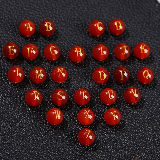 Picture of Agate ( Heated/Dyed ) Loose Beads For DIY Jewelry Making Round Initial Alphabet/ Capital Letter Message " A-Z " Engraving About 8mm Dia., Hole: Approx 1.4mm