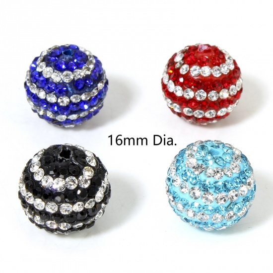 Picture of Polymer Clay Beads For DIY Charm Jewelry Making Round Multicolor Clear Rhinestone About 16mm Dia, Hole: Approx 1.4mm
