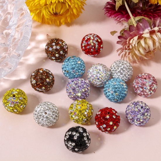 Picture of Polymer Clay Beads For DIY Charm Jewelry Making Round Multicolor Clear Rhinestone About 16mm Dia, Hole: Approx 1.2mm