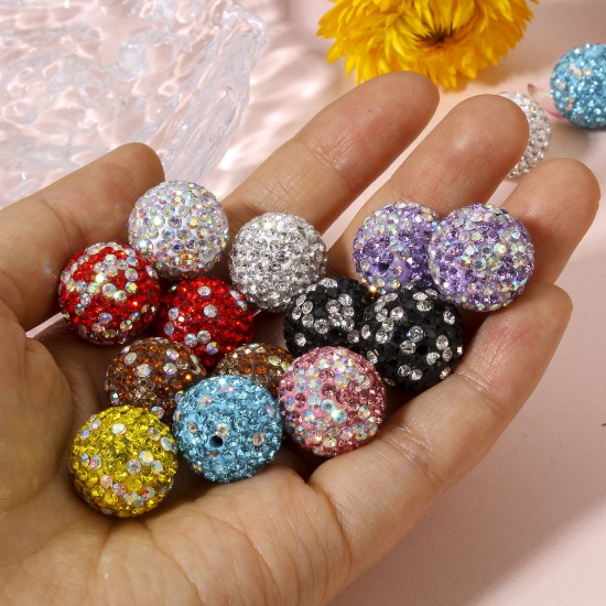 Picture of Polymer Clay Beads For DIY Charm Jewelry Making Round Multicolor Clear Rhinestone About 16mm Dia, Hole: Approx 1.2mm