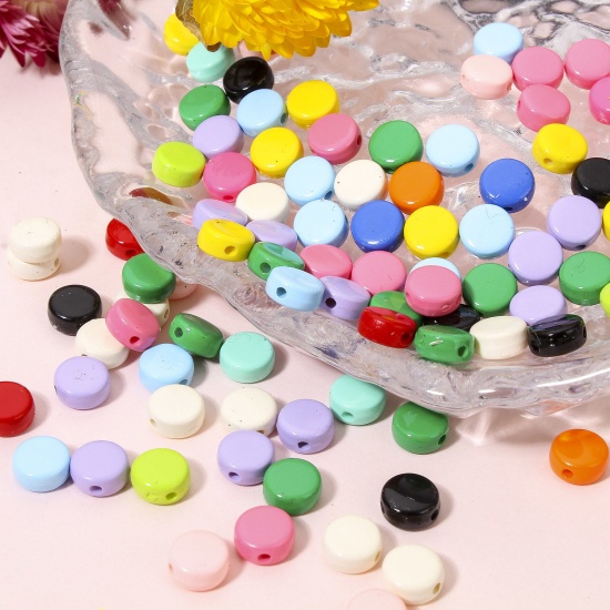 Picture of Acrylic Beads For DIY Charm Jewelry Making Multicolor Flat Round Enamel About 8mm Dia., 1.2mm