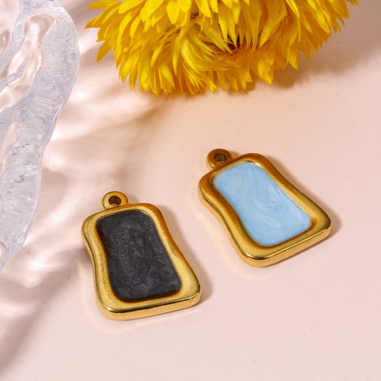 Picture of 304 Stainless Steel Charms 18K Gold Color Rectangle Enamel 22mm x 16mm