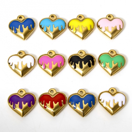 Picture of 304 Stainless Steel Charms 18K Gold Color Heart Enamel 17mm x 16.5mm
