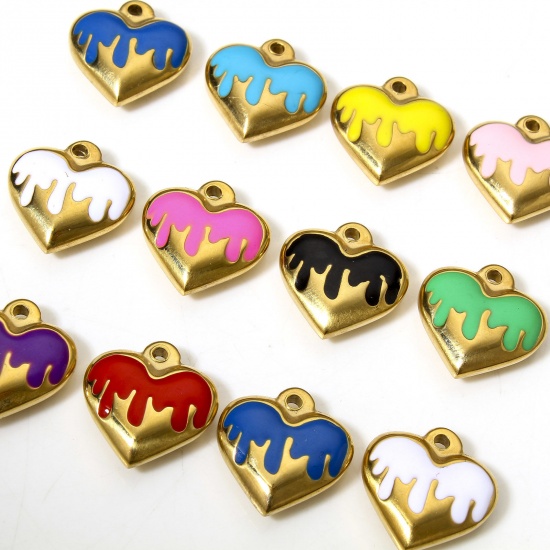 Picture of 304 Stainless Steel Charms 18K Gold Color Heart Enamel 17mm x 16.5mm