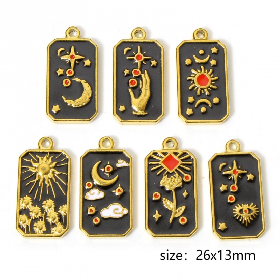 Picture of 304 Stainless Steel Galaxy Charms 18K Gold Color Black Octagon Enamel 26mm x 13mm