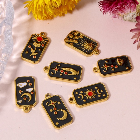 Picture of 304 Stainless Steel Galaxy Charms 18K Gold Color Black Octagon Enamel 26mm x 13mm