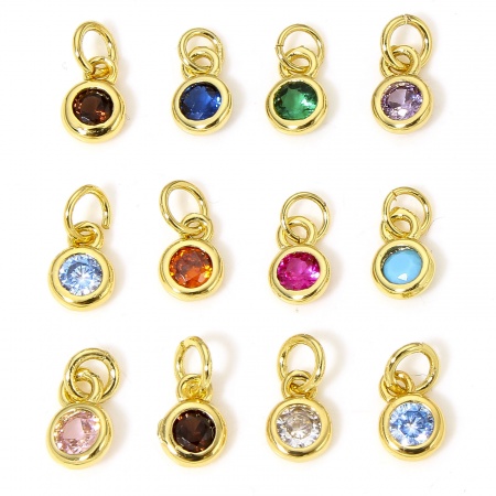Brass Charms 18K Real Gold Plated Round Multicolour Cubic Zirconia 9mm x 4mm