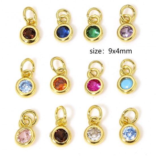 Picture of Brass Charms 18K Real Gold Plated Round Multicolour Cubic Zirconia 9mm x 4mm