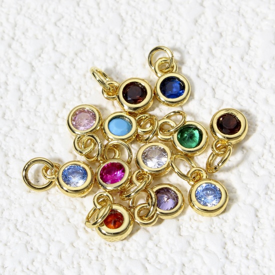 Picture of Brass Charms 18K Real Gold Plated Round Multicolour Cubic Zirconia 9mm x 4mm